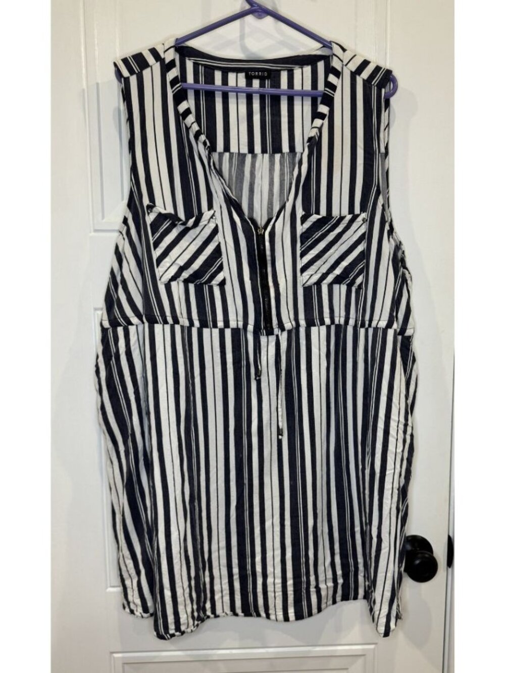 Torrid Blue & White Striped Sleeveless Shirt Dress GUC Zip-Front with Pockets